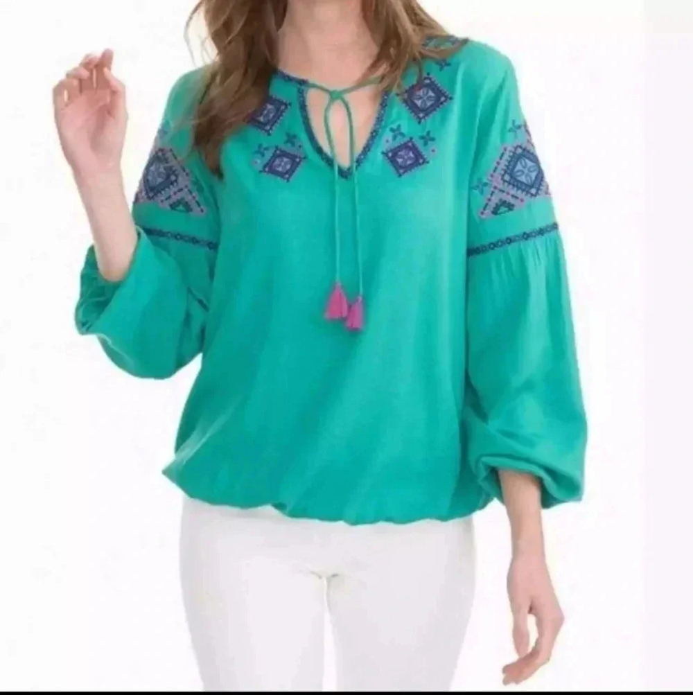 Southern Tide Sienna Tassel Embroidered Boho Beachy Chic Casual Flowy Blouse(S)